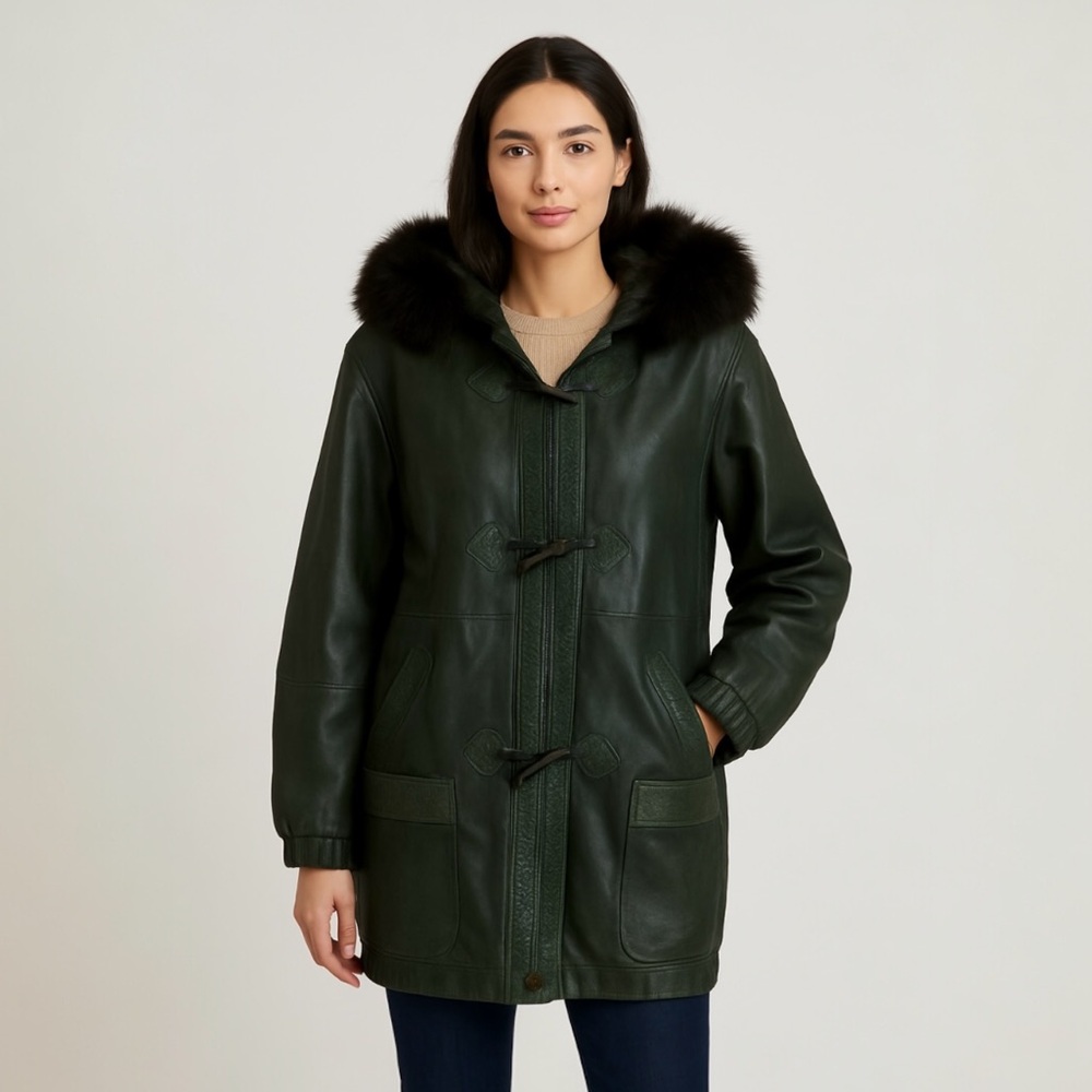 VTG 80’s Express Dark Green Leather Toggle Coat with Fur Trim Hood